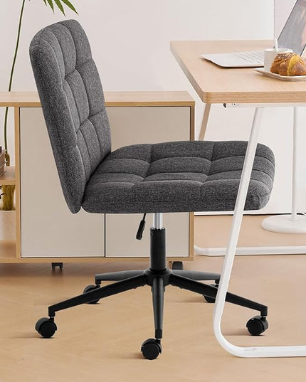 Furniliving Armless Office Desk Chair, Linen Fabric Padded Swivel Chair, Adjustable Home Office Chair with 360° Wheels, Wide Criss Cross Chair for Desk for Living Room, Bedroom, Darkgrey - LeafyLoom