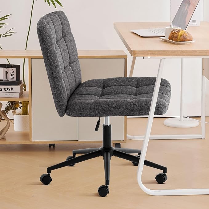 Furniliving Armless Office Desk Chair, Linen Fabric Padded Swivel Chair, Adjustable Home Office Chair with 360° Wheels, Wide Criss Cross Chair for Desk for Living Room, Bedroom, Darkgrey - LeafyLoom