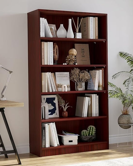 Farini 5 shelf boockase Display Bookcase Freestanding Wooden Bookshelves for Home Office Living Room,60 Inch Height,Cherry - LeafyLoom