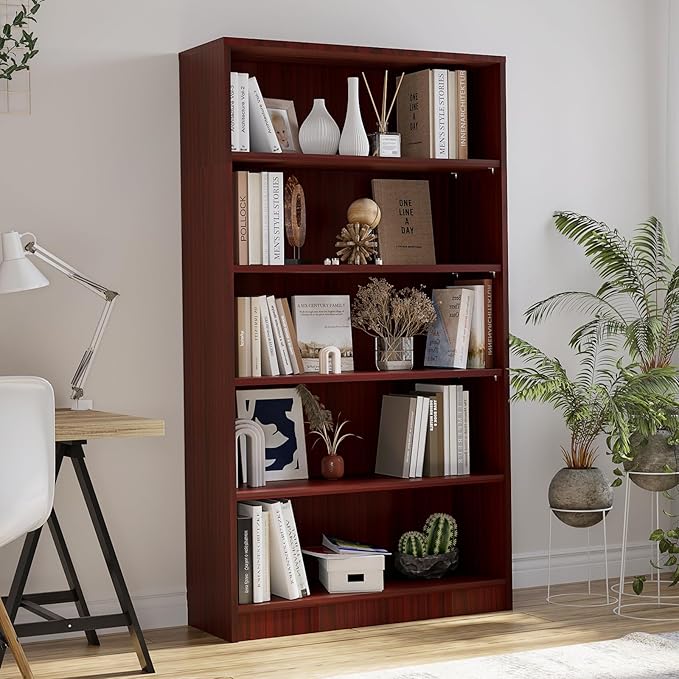 Farini 5 shelf boockase Display Bookcase Freestanding Wooden Bookshelves for Home Office Living Room,60 Inch Height,Cherry - LeafyLoom