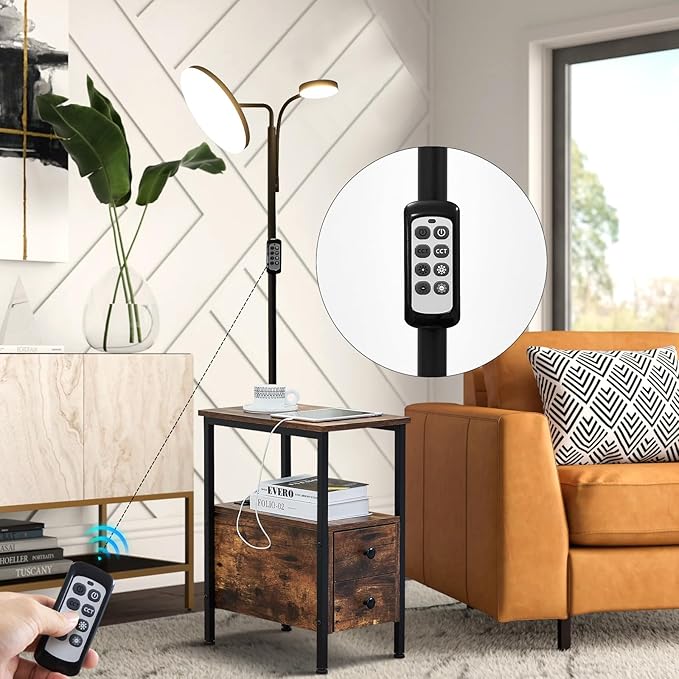 Dungoo 59" LED Floor Lamp with Table, End Table with Adjustable Reading Light, Side Table with USB & Type-C Ports and 2 Outlets, Narrow End Table with Lamp Attached for Living Room Bedroom - LeafyLoom
