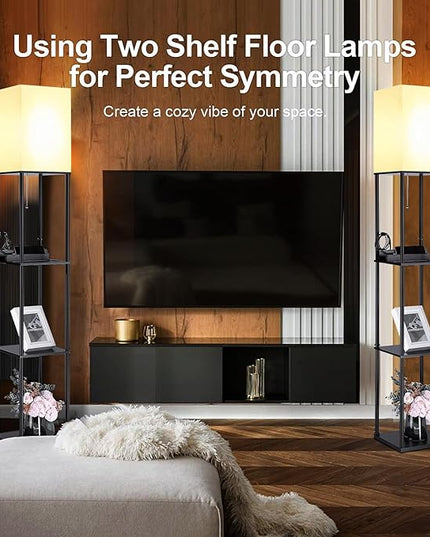 NUNET Smart LED Floor Lamp with Shelves 3 Color Temperature Light & Dimmable App Controlled Wi-Fi Bulb w. 3 Level Shelves & Cellphone/Photo Frame Stand for Bedroom Living Room Corner etc. (Black) - LeafyLoom