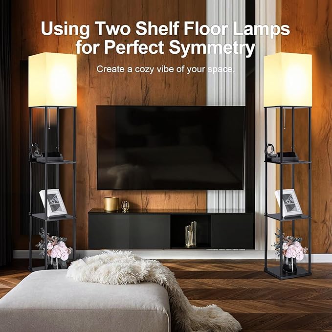 NUNET Smart LED Floor Lamp with Shelves 3 Color Temperature Light & Dimmable App Controlled Wi-Fi Bulb w. 3 Level Shelves & Cellphone/Photo Frame Stand for Bedroom Living Room Corner etc. (Black) - LeafyLoom