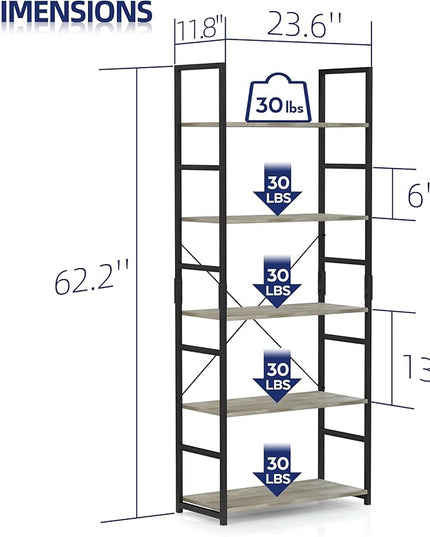 NUMENN 5 Tier Bookshelf, Tall Bookcase Shelf Storage Organizer, Modern Book Shelf for Bedroom, Living Room and Home Office, Grey - LeafyLoom