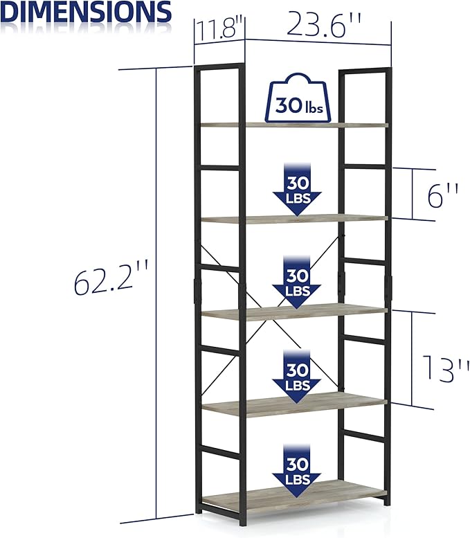 NUMENN 5 Tier Bookshelf, Tall Bookcase Shelf Storage Organizer, Modern Book Shelf for Bedroom, Living Room and Home Office, Grey - LeafyLoom
