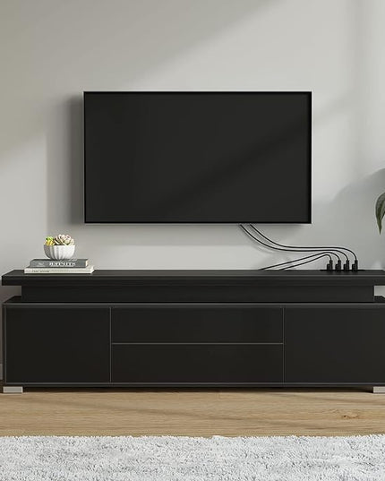 Rolanstar TV Stand with Power Outlet & LED Lights, Modern Entertainment Center for 32/43/50/55/65 Inchs TVs, TV Table, Universal Gaming LED TV Media Stand with Large Storage Cabinet, Black - LeafyLoom