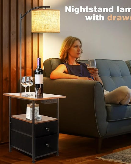 PESRAE Floor Lamp with Table & 2 Drawers, End Table with 3 Color Temperature Reading Light, Side Table Lamp with USB & Type C & AC Charging Port for Living Room, Bedroom - LeafyLoom