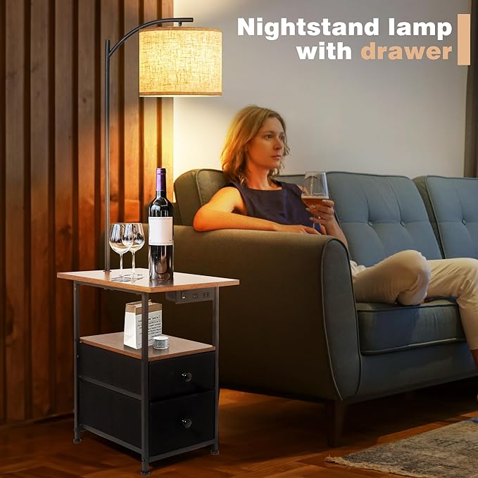 PESRAE Floor Lamp with Table & 2 Drawers, End Table with 3 Color Temperature Reading Light, Side Table Lamp with USB & Type C & AC Charging Port for Living Room, Bedroom - LeafyLoom