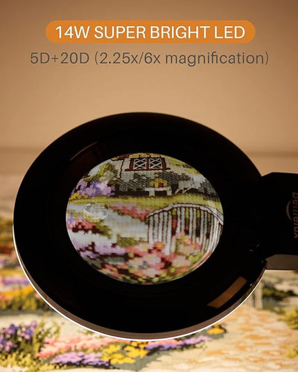 Bifocals Magnifying Desk Lamp with Clamp, 5 Diopter with 20 Diopter, 6 Inch Detachable Lens and 120PCS LEDs, 3 Color Modes 1200 Lumens Swivel Arm Magnifying Lamp with Light for Crafts - LeafyLoom
