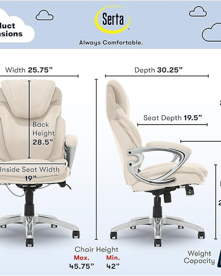 Serta Bryce Executive Office Chair, Ergonomic Computer DeskChair with Patented AIR Lumbar Technology, Comfortable Layered Body Pillows for Cushioning, SertaQuality Foam, Bonded Leather, Cream White - LeafyLoom