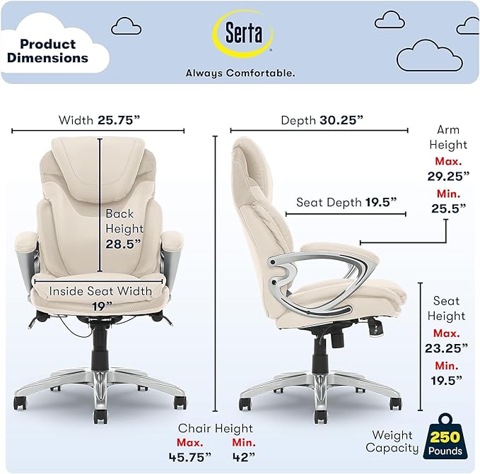 Serta Bryce Executive Office Chair, Ergonomic Computer DeskChair with Patented AIR Lumbar Technology, Comfortable Layered Body Pillows for Cushioning, SertaQuality Foam, Bonded Leather, Cream White - LeafyLoom