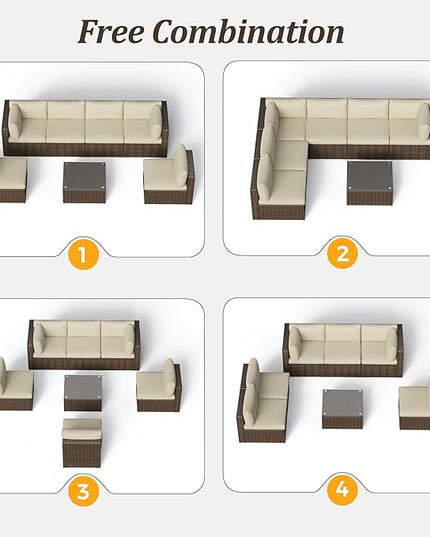 SUNVIVI OUTDOOR 7 Piece Patio Sectional Sofa Outdoor All Weather Brown PE Wicker Furniture Set, Paito Conversation Sofa Set with Glass Table, Removable Beige Cushions - LeafyLoom