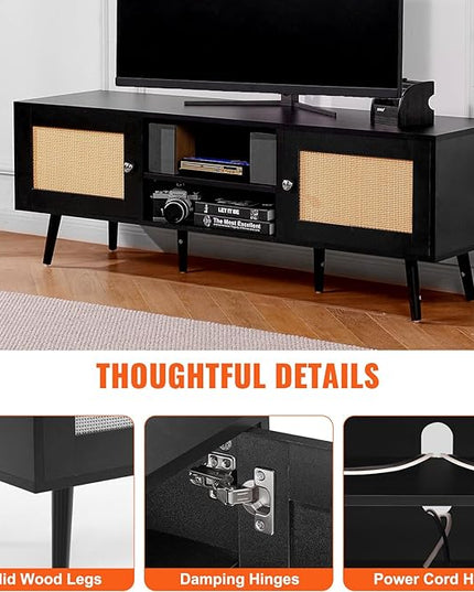VEVOR Rattan TV Stand for 65 inch TV, Boho TV Stand with Rattan Door, Entertainment Center with Build-in Socket and USB Ports, Modern TV Console for Living Room, Media Room, Black - LeafyLoom
