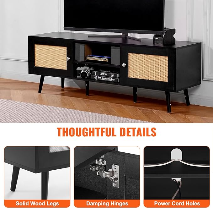 VEVOR Rattan TV Stand for 65 inch TV, Boho TV Stand with Rattan Door, Entertainment Center with Build-in Socket and USB Ports, Modern TV Console for Living Room, Media Room, Black - LeafyLoom