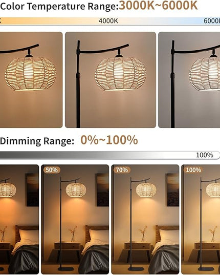 Arc Boho Farmhouse Black Floor Lamp, Standing Lamp with Rattan & Fabric Double Shade with Remote Control, Dimmable LED Bulb with 9 Color Temperature, Tall Pole for Living Room Bedroom Corner Office - LeafyLoom