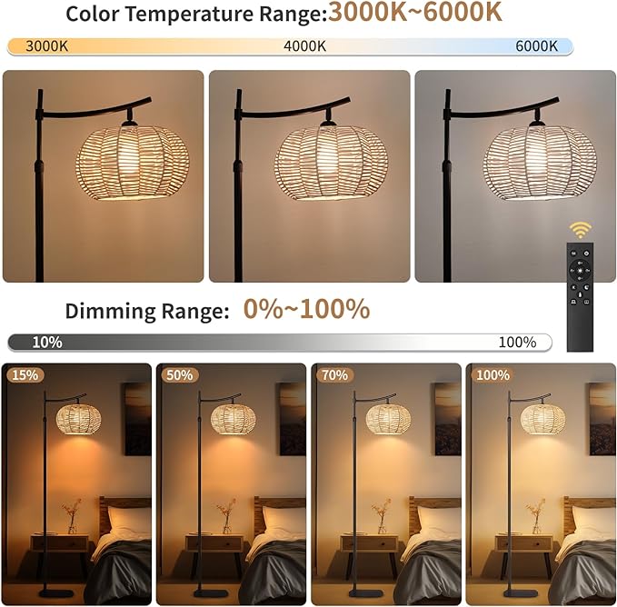 Arc Boho Farmhouse Black Floor Lamp, Standing Lamp with Rattan & Fabric Double Shade with Remote Control, Dimmable LED Bulb with 9 Color Temperature, Tall Pole for Living Room Bedroom Corner Office - LeafyLoom