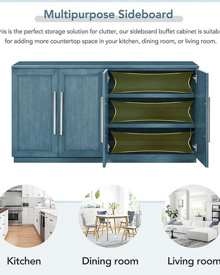 Wooden Sideboard with 4 Doors Large Storage Space,Buffet Cabinet,W/Adjustable Shelves and Silver Handles,Wear-Resistant Performance,for Kitchen,Dining Room,Hallway,Antique Blue, 60" - LeafyLoom