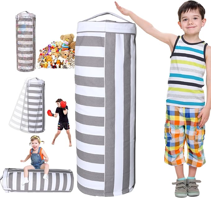 Stuffed Animal Storage Bean Bag Cover for Kids - Organize, Sit, Play & Box Help Promote Comfort and Relaxation - Perfect Playroom & Bedroom Plush Toys Beanbag, Cylinder, Best Gift for Kids - LeafyLoom