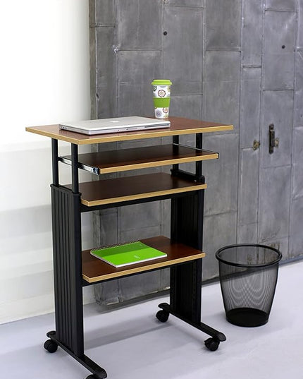 Safco Products 1929CY MUV Mobile Stand-Up Height-Adjustable Desk,Keyboard Storage, Steel Frame Construction, Durable Melamine Laminate Work Surface, 4 Wheels, Narrow Design - LeafyLoom