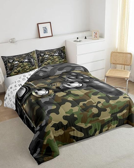 Kids Gamer Comforter Set Camouflage Gaming Bedding Set for Boys Teens Bedroom Green Black Camo Video Game Decor Comforter Gamer Console Quilt Set Full Size Duvet Quilted 3Pcs - LeafyLoom