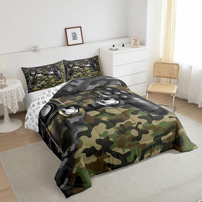 Feelyou Kids Gamer Comforter Set Camouflage Gaming Bedding Set for Boys Teens Bedroom Green Black Camo Video Game Decor Comforter Gamer Console Quilt Set Queen Size Duvet Quilted 3Pcs - LeafyLoom