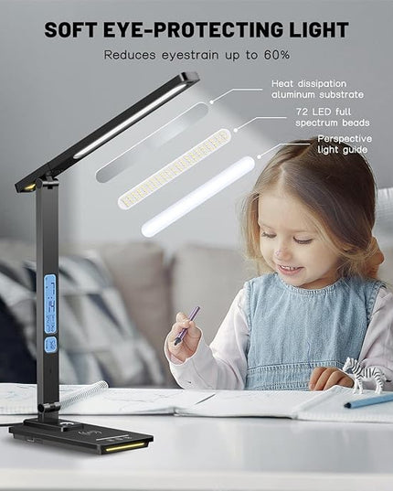 Led Desk Lamp with Wireless Charger, Desk Lamps for Home Office with Clock, Alarm, Date, Temperature | Desk Light with Night Light, 45 Min Auto Timer | Touch Control Smart Lamp for College, Dorm - LeafyLoom