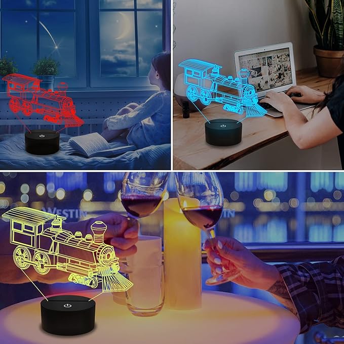 FULLOSUN Train Night Light, 3D Illusion Lamp for Kids, 16 Colors Changing with Remote Control Dim Function, Creative Birthday Xmas Gifts for Kids Boys Bedroom Decor - LeafyLoom