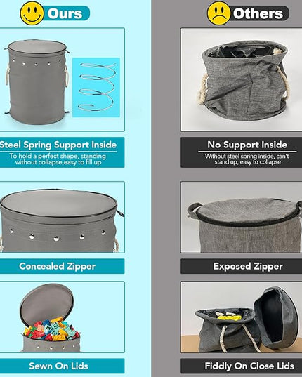Toy Storage Basket and Play Mat for Kids - Foldable Toy Storage Organizer Bins with Lids - Kids Toy Box Chest for Building Blocks, Boys, Girls, Nursery, Playroom, 12.6''x12.6''x15.5''(Grey) - LeafyLoom
