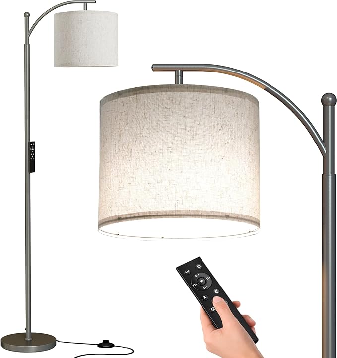 SUNMORY Dimmable Floor Lamp with Remote Control，Lamp for Living Room Stepless Color Temperature and Brightness, Standing Lamp for Bedroom and Office with 1H Timer，Gray Floor Lamp with Linen Shade - LeafyLoom