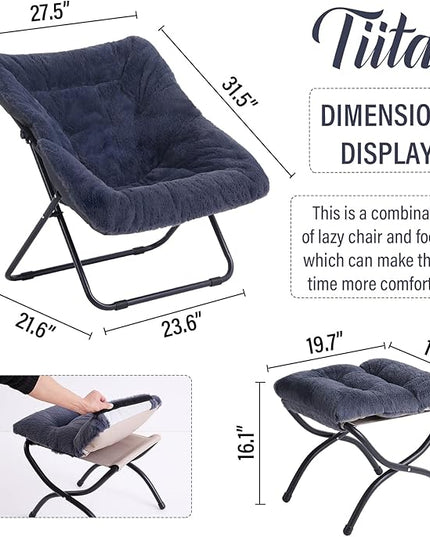 Tiita Saucer Chair with Ottoman, Soft Faux Fur Oversized Folding Accent Chair,Lounge Lazy Chair, Metal Frame Moon Chair for Bedroom, Living Room, Dorm Rooms, Garden and Courtyard - LeafyLoom