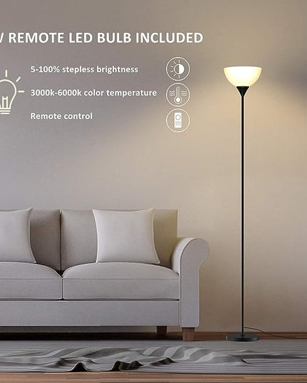 PESRAE Floor Lamp, Remote Control with Stpeless Color Temperatures and Brightness, Torchiere lamp for Bedroom, Living Room, Bulb Included (Matte Black) - LeafyLoom