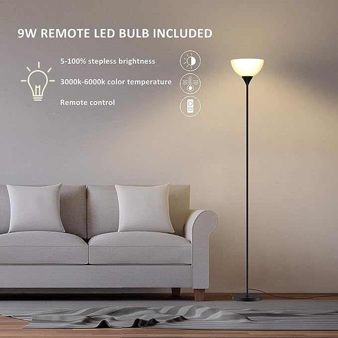 PESRAE Floor Lamp, Remote Control with Stpeless Color Temperatures and Brightness, Torchiere lamp for Bedroom, Living Room, Bulb Included (Matte Black) - LeafyLoom