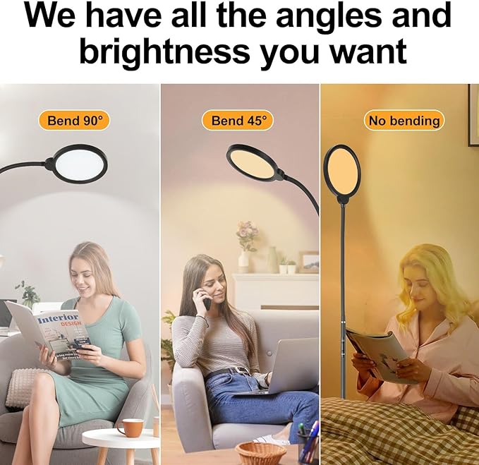 LED Floor Lamp, 12W/1000LM Reading Light, 3 Color Temperatures Bright Modern Tall Lamp, Adjustable Gooseneck Standing Lamp with Remote & Touch Control for Living Room, Bedroom, Office - LeafyLoom