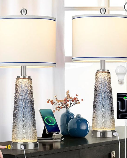 Glass Table Lamps for Living Room, 26" Modern Table Lamps with USB A+C Ports & AC Outlet, Touch Control Bedside Nightstand Lamp with Crystal Night Light for End Table Office Desk Blue(Bulbs Included) - LeafyLoom