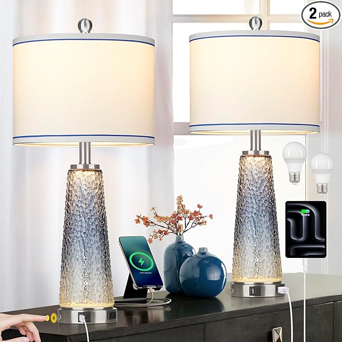 Glass Table Lamps for Living Room, 26" Modern Table Lamps with USB A+C Ports & AC Outlet, Touch Control Bedside Nightstand Lamp with Crystal Night Light for End Table Office Desk Blue(Bulbs Included) - LeafyLoom