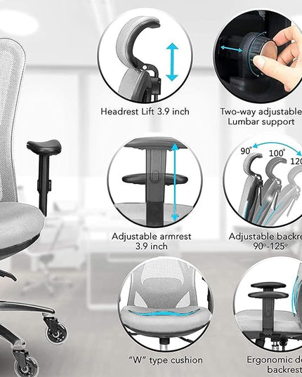 Duramont Ergonomic Office Chair with Adjustable Lumbar Support, High, Head and Arm Rests Back Pain Chairs with Breathable Mesh - Thick Seat Cushion, Reclines Desk Chair Rollerblade Wheels GREY - LeafyLoom