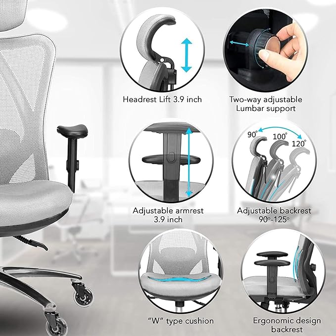 Duramont Ergonomic Office Chair with Adjustable Lumbar Support, High, Head and Arm Rests Back Pain Chairs with Breathable Mesh - Thick Seat Cushion, Reclines Desk Chair Rollerblade Wheels GREY - LeafyLoom