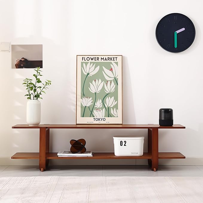 Tiita TV Stand with Storage for TVs up to 65'', Bamboo TV Console Entertainment Center with 2 Open Shelf, Mid Century Modern Media Console for Living Room, Bedroom, Walnut - LeafyLoom