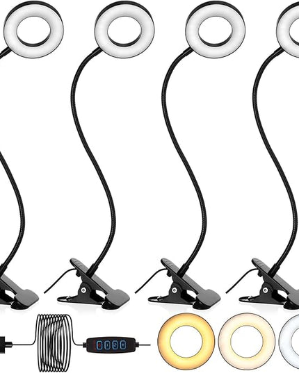 4 Pcs Desk Lamp Clip on Light 48 LEDs USB Clip Ring Light with 3 Color Modes and 10 Brightness Dimmable, Eye Protection Desk Light, 360° Flexible Gooseneck for Desk Headboard Reading - LeafyLoom