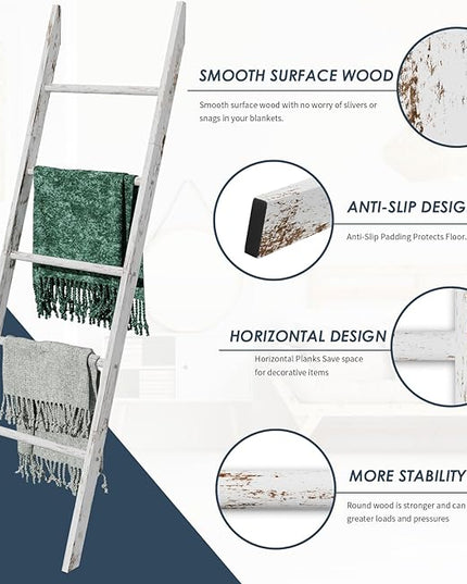 5-Tier Blanket Ladder Wooden, 5.3FT(63'') Blanket Quilt Holder Rack Decorative Ladder, Easy Assembly, Rustic Farmhouse Ladder Shelf for The Living Room Bedroom Bathroom Home Decor, White Wash - LeafyLoom