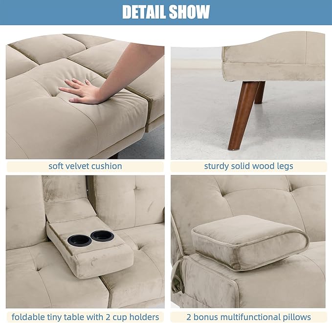 Shintenchi Futon Sofa Bed, Convertible Couch Bed Loveseat, Modern Futon Recliner Sleeper, Small Lazy Futon Set for Living Room, Office, Apartment, Beige - LeafyLoom