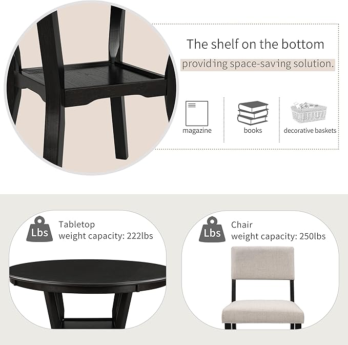 5-Piece Kitchen Dining Set, Include Round Wooden-table with Bottom Shelf and 4 Upholstered Chairs, for Diningroom, Living Room, Dinette, Family Breakfast, Dark Brown+Beige - LeafyLoom