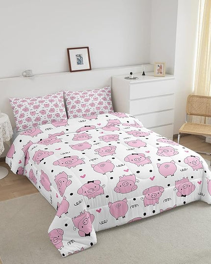 Erosebridal Pink Pig Comforter Set for Girls Kawaii Room Decor King,Cute Pigs Bedding Set for Kids Boys Children Farm Animal Quilted Duvet Sets Cartoom Style Soft Lightweight Down Comforter 3 Pcs - LeafyLoom