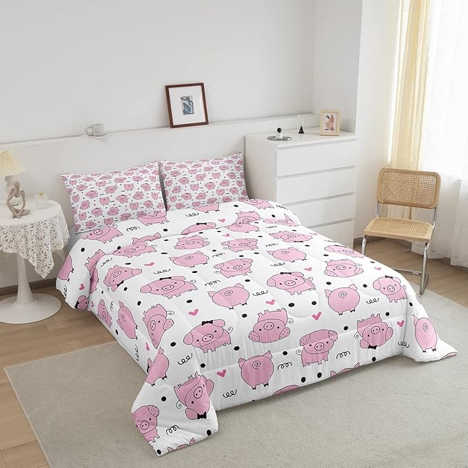 Erosebridal Pink Pig Comforter Set for Girls Kawaii Room Decor King,Cute Pigs Bedding Set for Kids Boys Children Farm Animal Quilted Duvet Sets Cartoom Style Soft Lightweight Down Comforter 3 Pcs - LeafyLoom