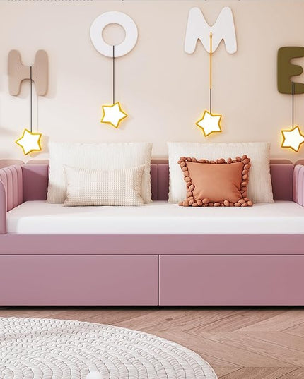 Modern Twin Size Upholstered Daybed Frame with Storage Drawers, Elegant Velvet Fabric Sofa Bed with Ergonomic Design Backrest and Armrests, No Box Spring Needed, Pink - LeafyLoom