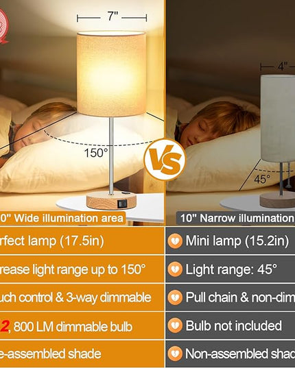 𝟮𝟬𝟮𝟯 𝗡𝗘𝗪 Touch Wood Table Lamps Set of 2, Bedroom Lamps with 2 USB & AC Outlet, 3-Way Dimmable Bedside Nightstand Lamps for Bedroom Living Room Nursery, 800 Lumens 2700K Bulbs Included - LeafyLoom
