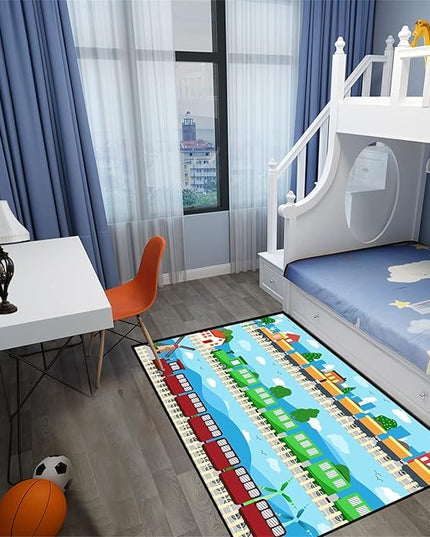 Train Rug Car Rug Play Mat Truck Rugs for Boys Room Kids Car Rug Truck Car Rug Car Carpet for Kids Kids Rugs for Playroom Car Rug for Boys Room,Light Blue 3'×5' - LeafyLoom