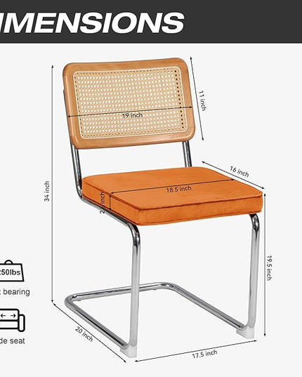 Dining Chair Set of 2, Mid-Century Modern Rattan Dining Chairs with Metal Chrome Legs, Natural Cane Backrest Upholstered for Home Kitchen，Dining Room and Patio, Orange - LeafyLoom