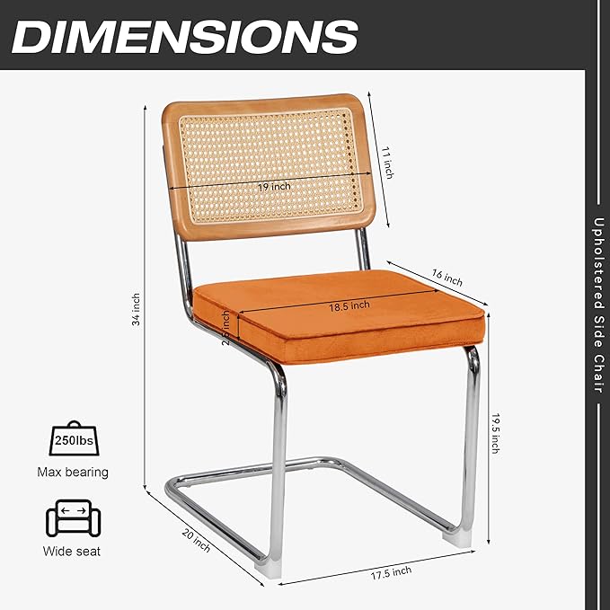 Dining Chair Set of 2, Mid-Century Modern Rattan Dining Chairs with Metal Chrome Legs, Natural Cane Backrest Upholstered for Home Kitchen，Dining Room and Patio, Orange - LeafyLoom