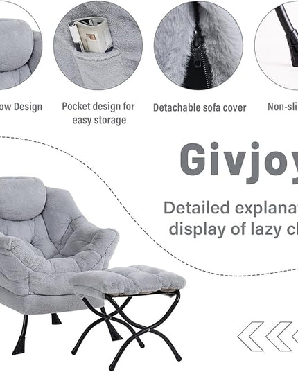 Plush Lazy Chair and Ottoman, Large Contemporary Accent Lounge Chair with Armrests and a Side Pocket, Modern Leisure Upholstered Sofa Reading Armchair with Footrest for Bedroom, Living Room - LeafyLoom